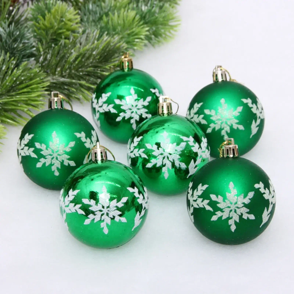Новогодние шары «Снежный шарм» 6 см (набор 6 шт), Зеленый