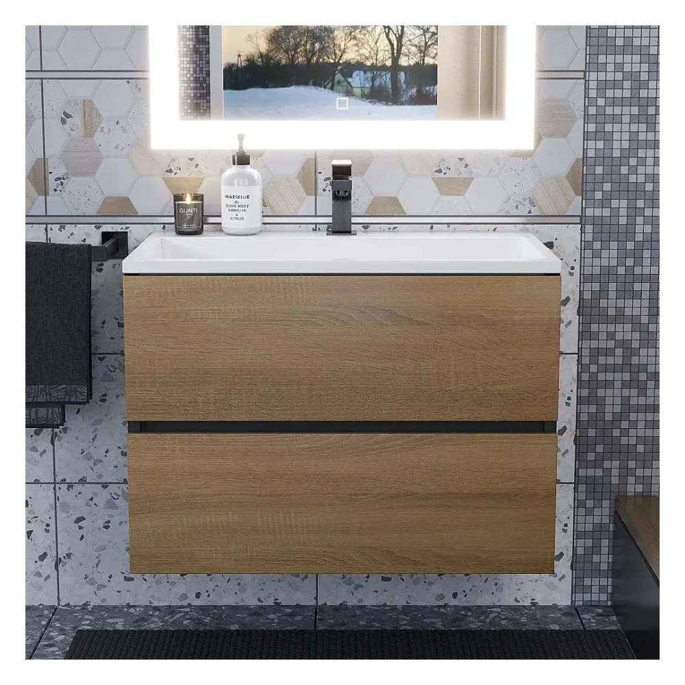 Тумба с раковиной Uperwood Barsa 70 см, раковина белая, подвесная тумба черная/дуб сонома