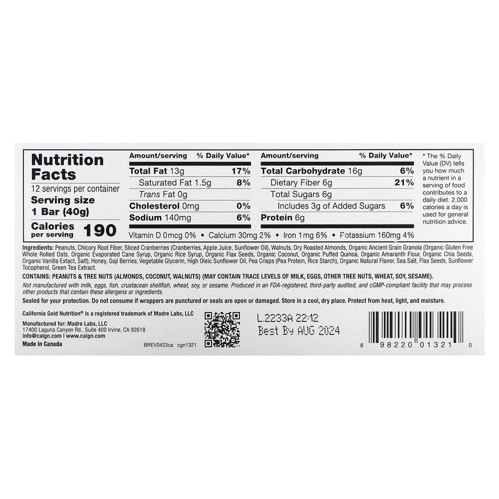 California Gold Nutrition, Foods, жевательные батончики из гранолы с клюквой и миндалем, 12 шт. по 40 г (1,4 унции)