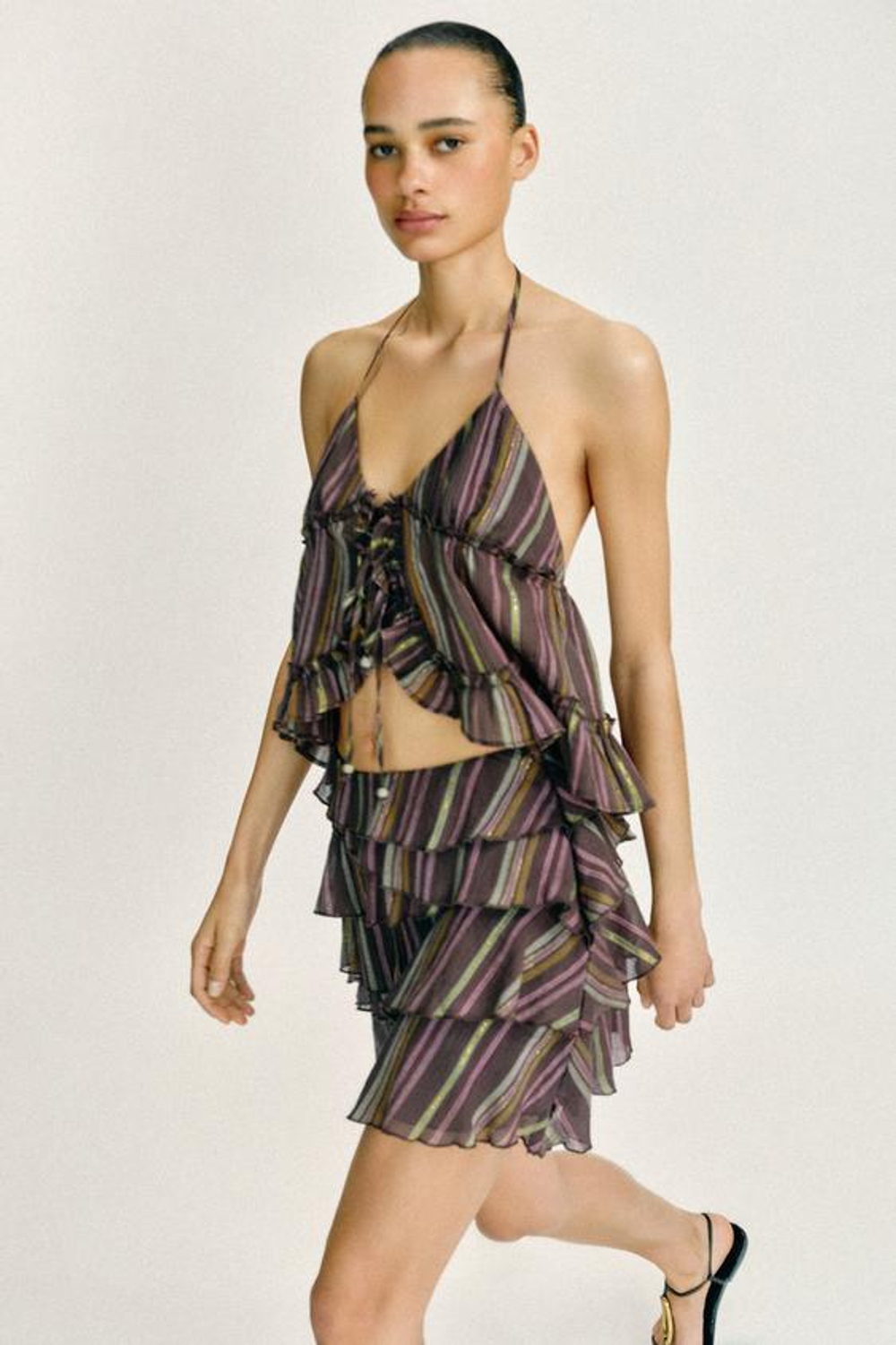 ZARA ЮБКА-ШОРТЫ В ПОЛОСКУ С МЕТАЛЛИЗИРОВАННОЙ НИТЬЮ, КОРИЧНЕВЫЙ