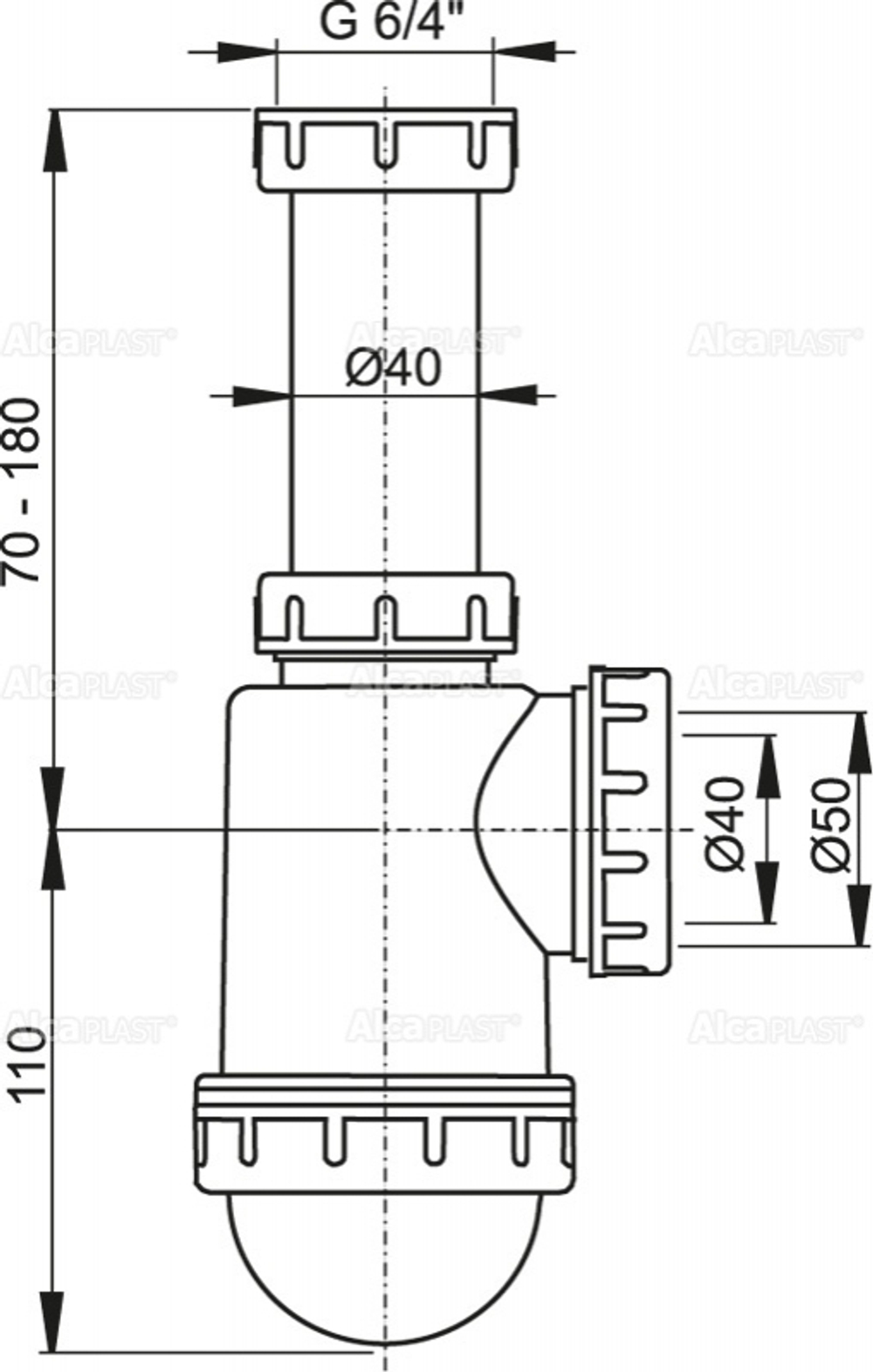 Сифон Alca Plast A443-DN50/40 для мойки с накидной гайкой 6/4"