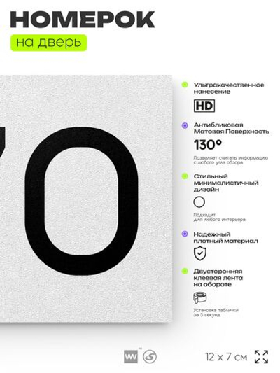 Номер на дверь 770, табличка на дверь для офиса, квартиры, кабинета, аудитории, склада, белая 120х70 мм, Айдентика Технолоджи