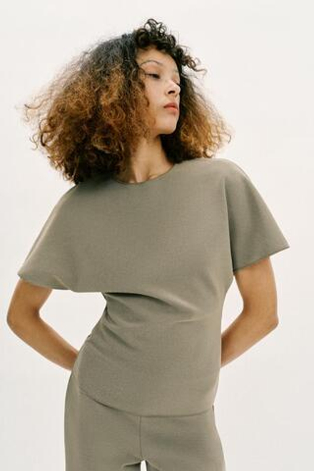 ZARA ТОП С ВЫРЕЗОМ И КОРОТКИМИ РУКАВАМИ, ХАКИ