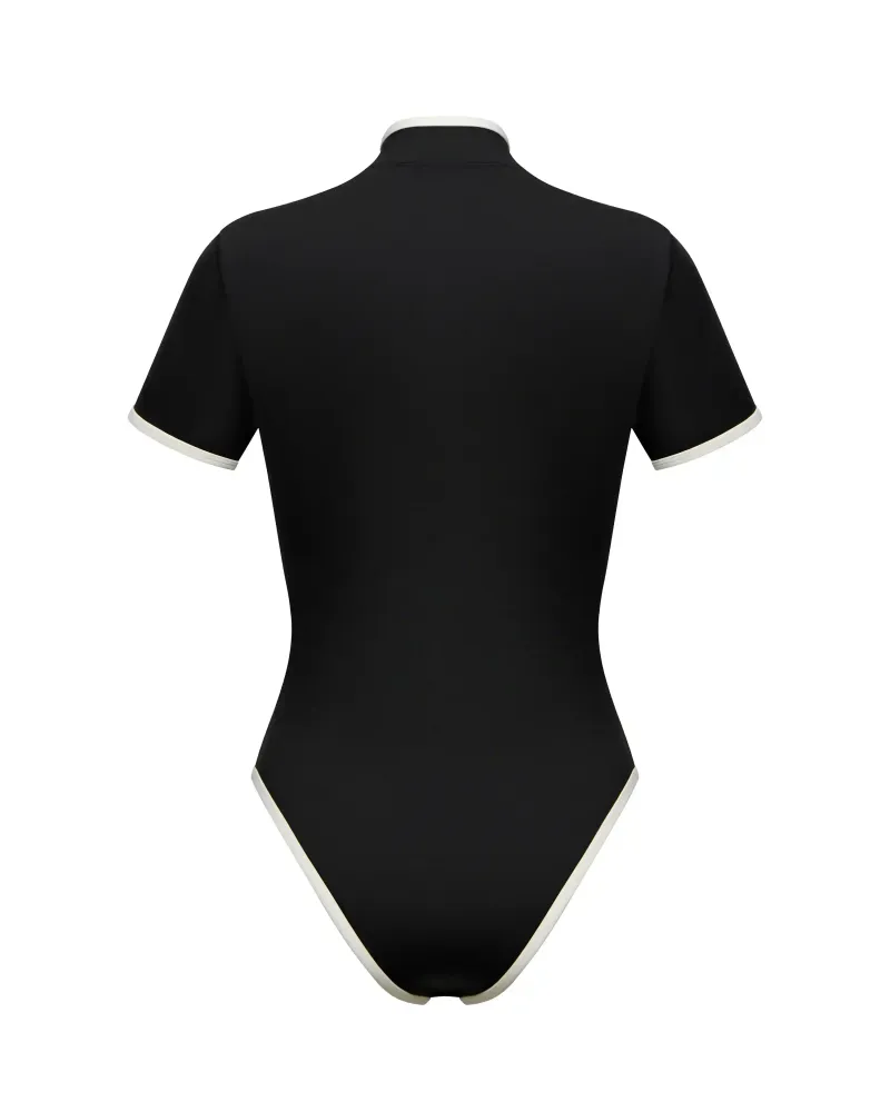 Sakura, купальник слитный из черного бифлекса, с розой