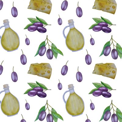 Итальянская еда. Оливковое масло, оливки и базилик. Акварель