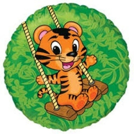 Шар (18"/46 см) Круг, Тигренок на качелях, Зеленый 1 шт.
