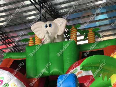 Детский надувной батут-горка "Слоник в джунглях" с окнами по бокам и птичками, 7*5*6 м
