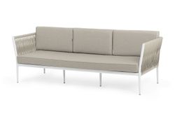"Касабланка" диван 3-местный плетеный из роупа, каркас алюминий белый муар, роуп бежевый 20мм, ткань бежевая 15052