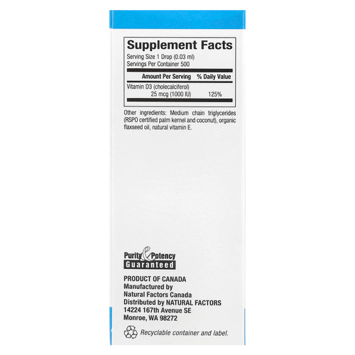 Natural Factors, Витамин D3 в каплях, без ароматизаторов, 25 мкг (1000 МЕ), 15 мл (0,5 жидкой унции)
