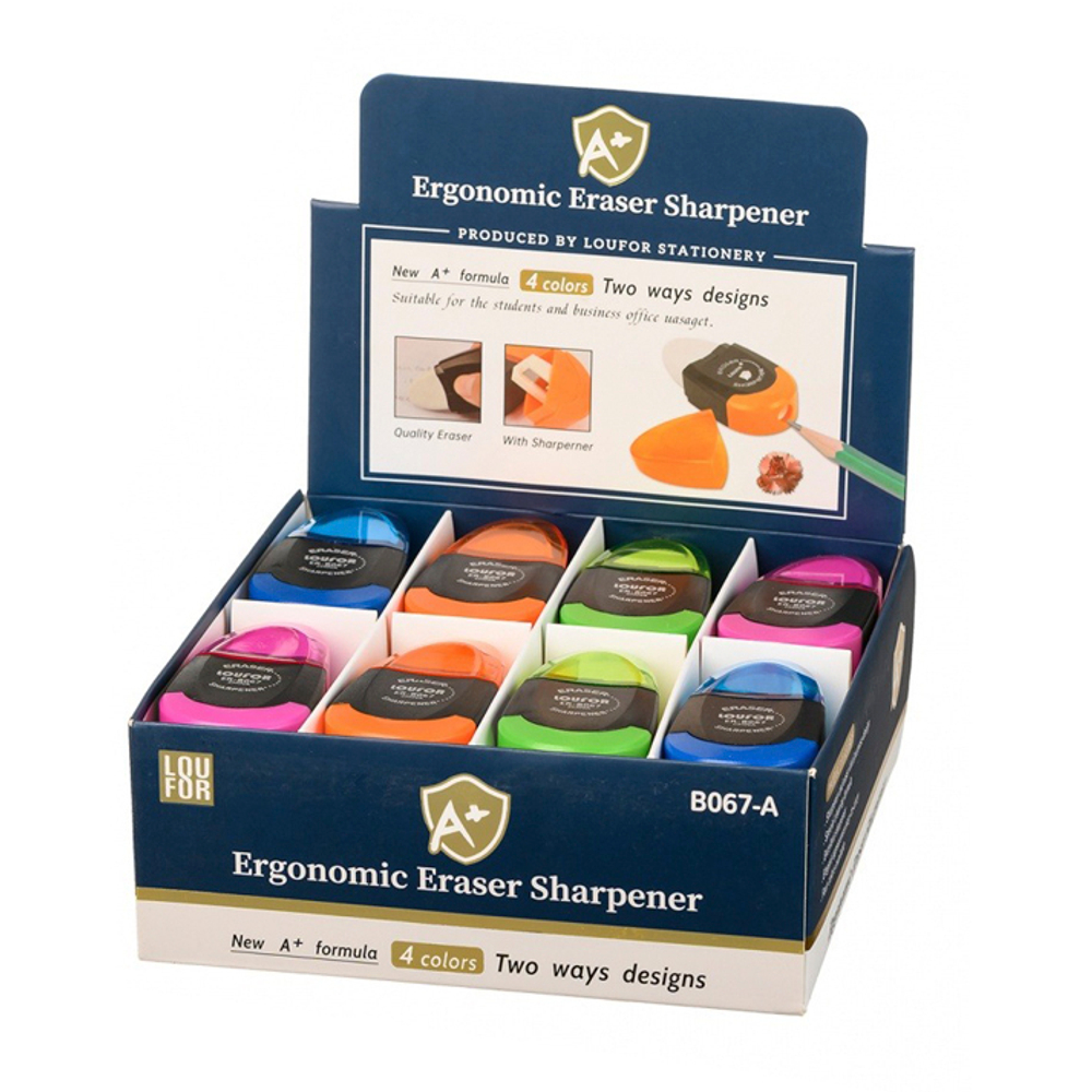 Точилка с ластиком LouFor, одинарная, с контейнером, серия "2в1", 4 цвета корпуса, с крышкой, 7 см