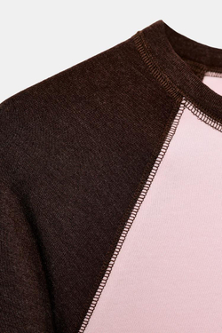 ZARA ФУТБОЛКА РЕГЛАН С КОНТРАСТНЫМИ ДЕТАЛЯМИ, ОТТЕНКИ КОРИЧНЕВОГО