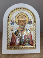 Николай Чудотворец, икона арочная, белое дерево, эмаль 86х112