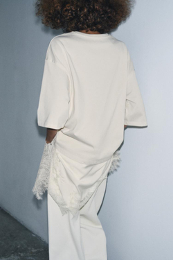 ZARA КОМБИНИРОВАННАЯ ФУТБОЛКА С КРУЖЕВОМ, ЭКРЮ