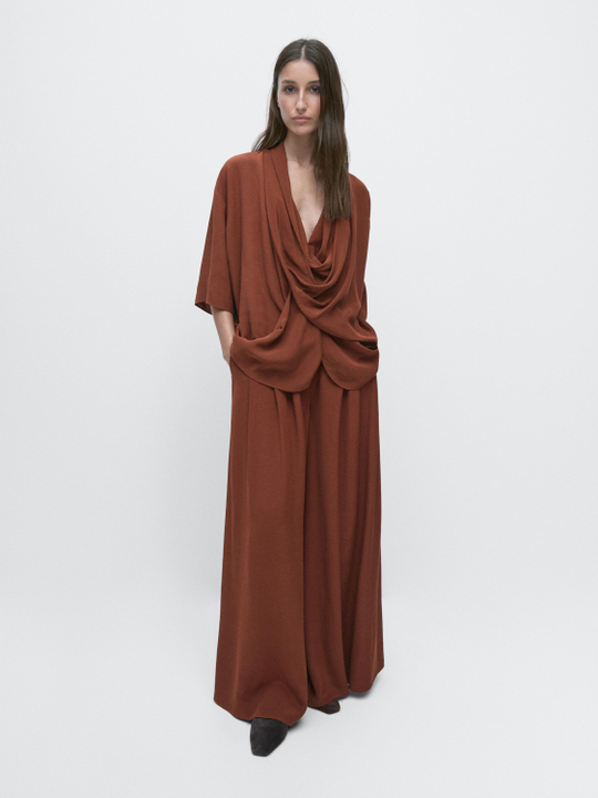 Massimo Dutti Широкие брюки с вытачками и эластичным поясом, оранжевый