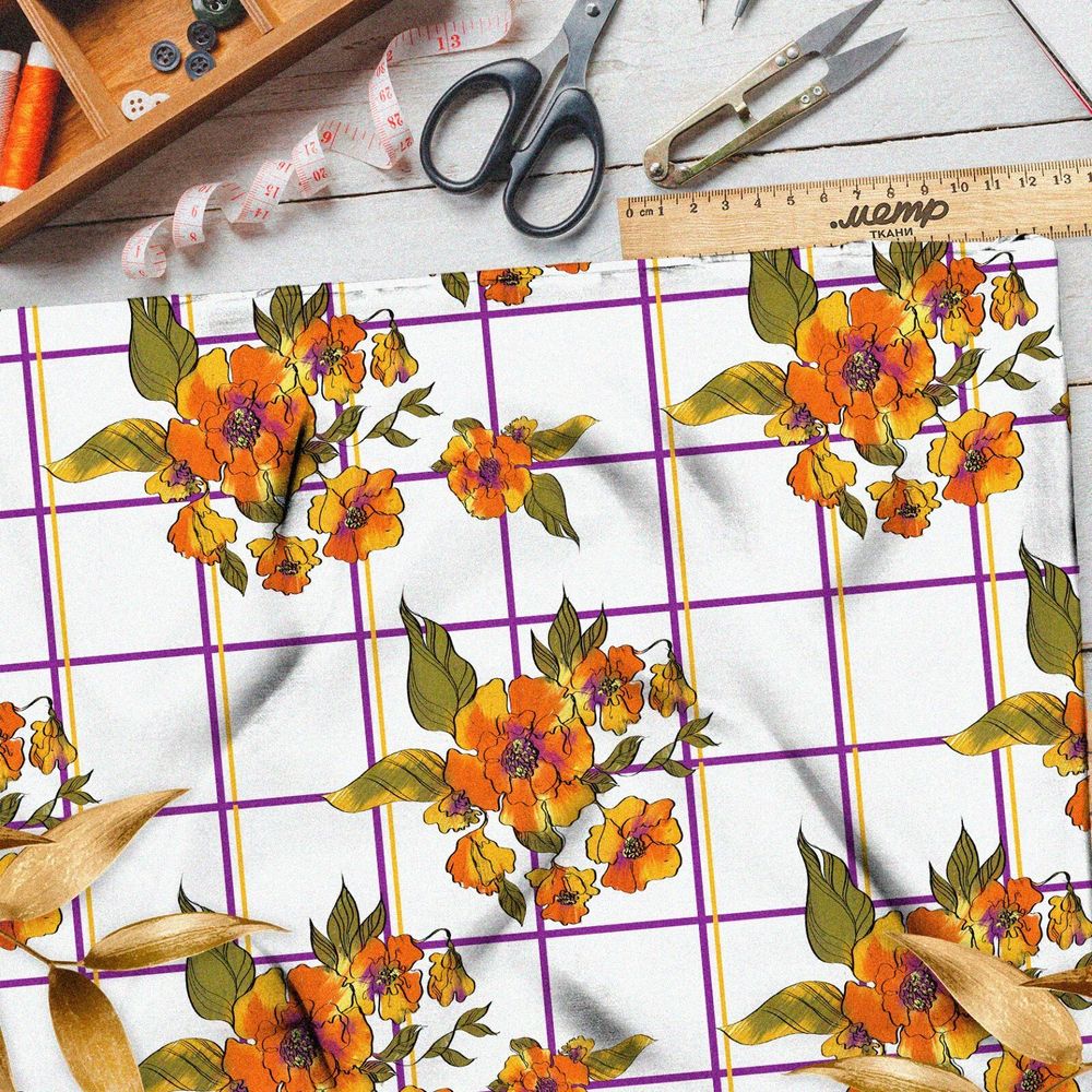 Ткань кулирная гладь цветы на клетке