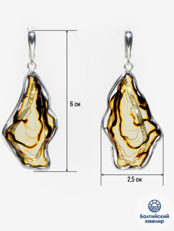 Уникальные серебряные серьги с цельным пейзажным янтарем, серебро 925 пробы