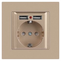 Розетка Intro Accent 6-410-04 , P+E Schuko со шторками, 16А-250В + 2хUSB, IP20, СУ, шампань