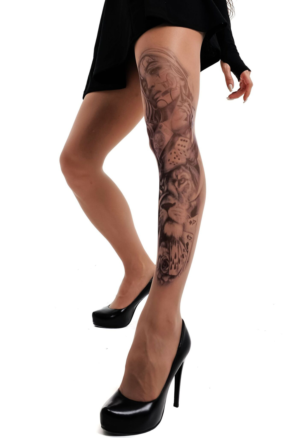 Колготки +size с принтом в виде девушки-джокера и льва (Размер: XL-XXL-XXXL) (Цвет: бежевый)