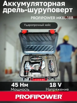 Бесщеточный аккумуляторный шуруповерт PROFIPOWER MK-BL18B 18В 45Нм 2*2Ач АКБ Кейс