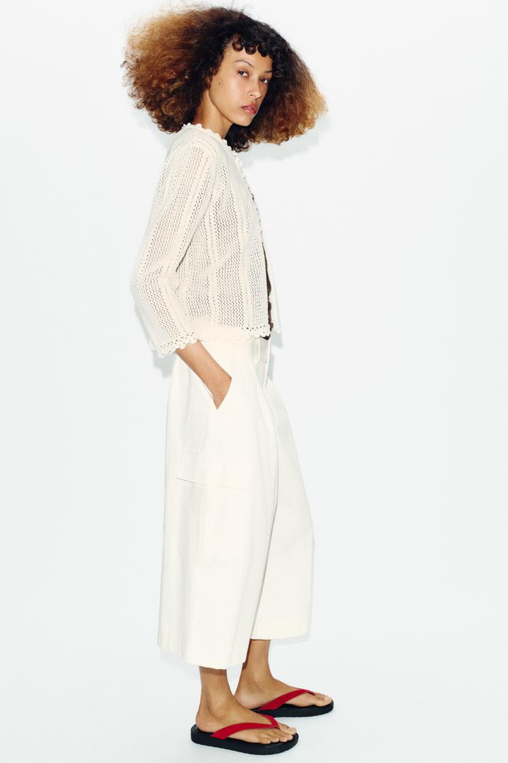 ZARA ВЯЗАНЫЙ КАРДИГАН С УЗОРОМ POINTELLE, ЭКРЮ
