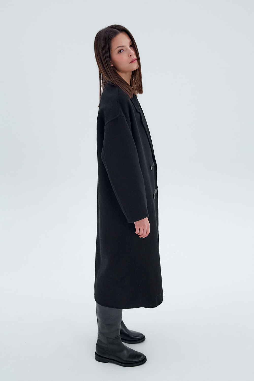 Пальто двубортное из смесовой шерсти альпаки черный