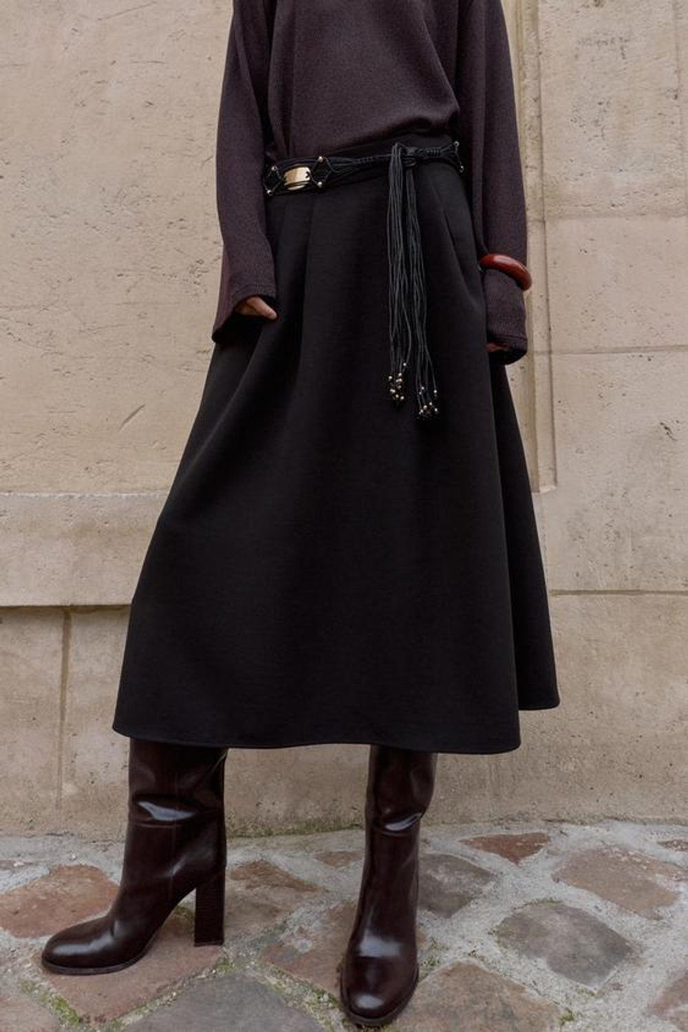 ZARA ЮБКА МИДИ ИЗ КРЕПА, ЧЕРНЫЙ