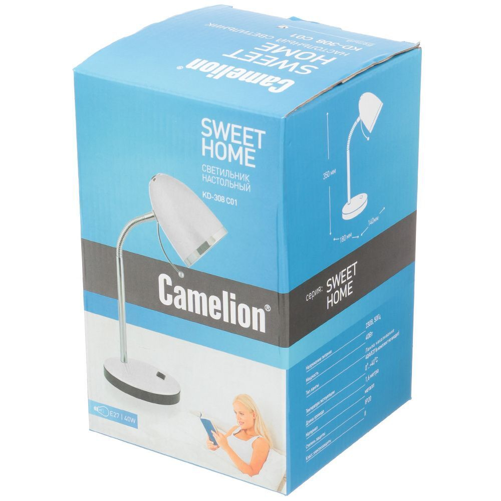 Светильник настольный на подставке, E27, 40 Вт, белый, Camelion, KD-308 C01, 11476
