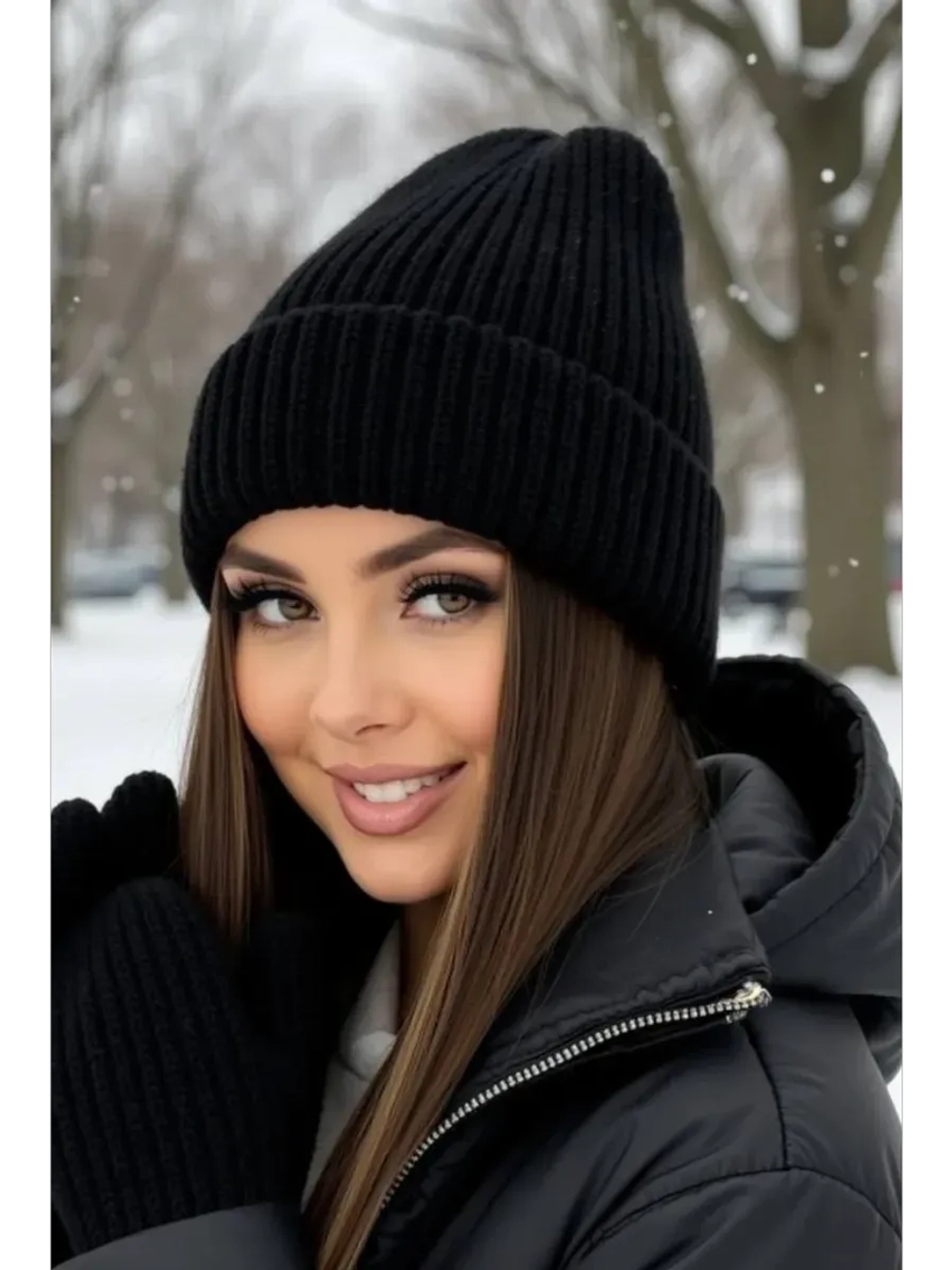 шапка вязаная с отворотом зимняя теплая