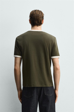 ZARA ФУТБОЛКА В РУБЧИК С КОНТРАСТНОЙ ОТДЕЛКОЙ БАЗОВАЯ, ЗЕЛЕНЫЙ