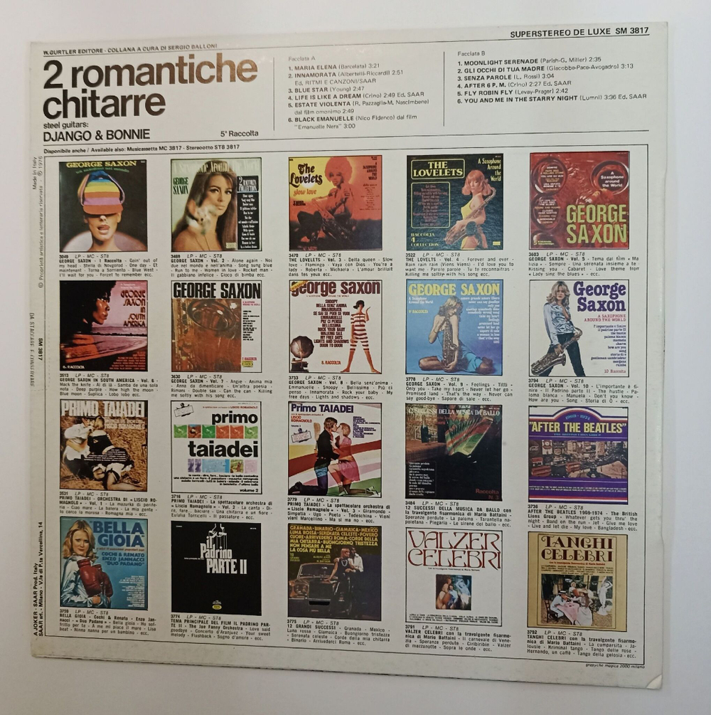 Винтажная виниловая пластинка LP Django and Bonnie 5 Raccolta 2 Romantiche Chitarre (Italy 1976)