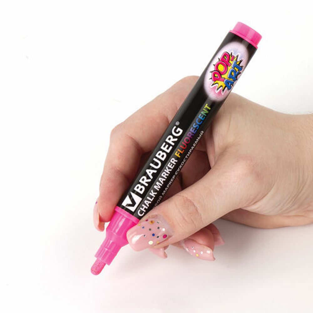 Маркер меловой "POP-ART" РОЗОВЫЙ, 5 мм, сухостираемый, для гладких поверхностей, BRAUBERG, 151530