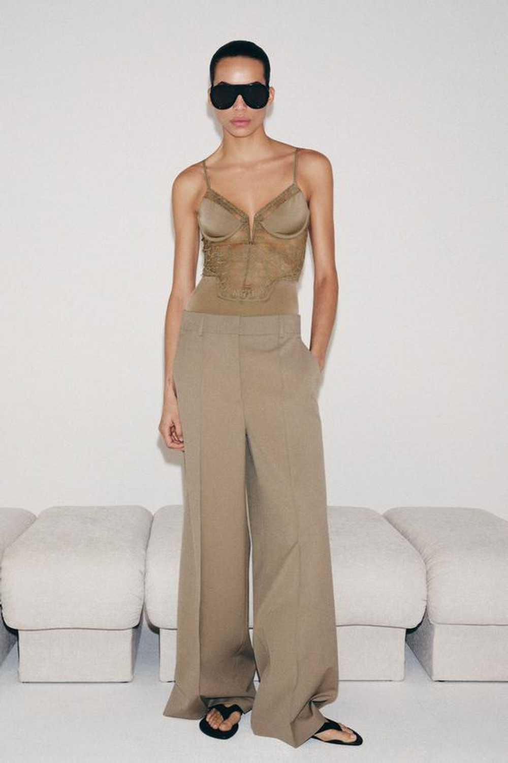 ZARA БРЮКИ MINIMAL WIDE LEG — ZW COLLECTION, СЕРО-КОРИЧНЕВЫЙ
