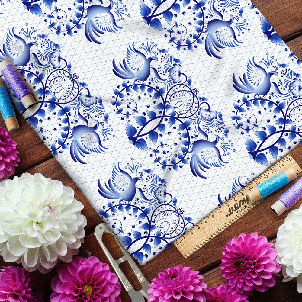 Ткань флис крупная отзеркаленная гжель