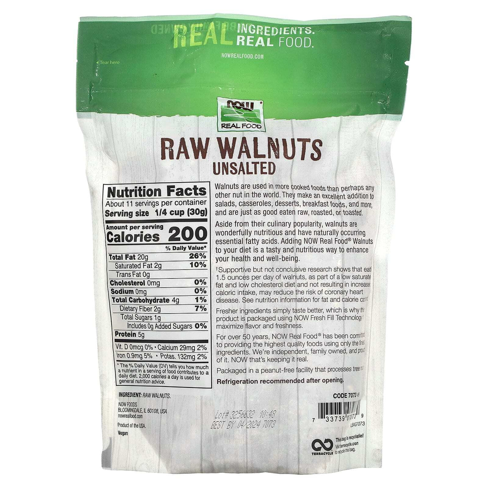 NOW Foods, Real Food, сырые грецкие орехи, несоленые, 340 г (12 унций)