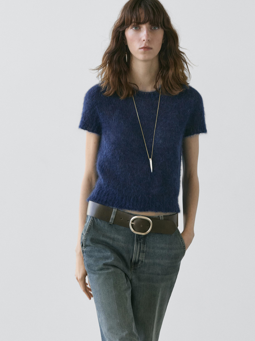 Massimo Dutti Трикотажный свитер из смесовой шерсти альпака с короткими рукавами, темно-синий