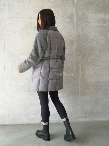 Серый комбинированный пуховик-пальто на кулиске