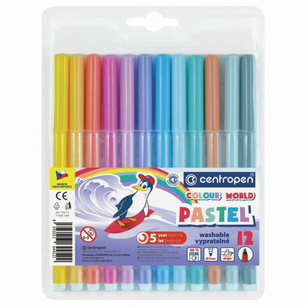 Фломастеры ПАСТЕЛЬНЫЕ 12 ЦВЕТОВ CENTROPEN "Colour World Pastel", смываемые, 7550/12TP, 7 7550 1287