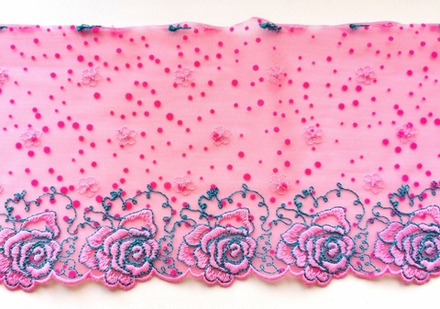 Вышивка на сетке, 16 см, ярко-розовый и бирюза, правая сторона, (Артикул: VS-1002), м