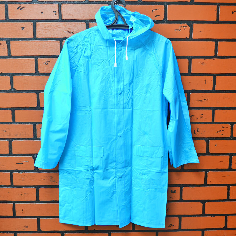 Дождевик детский (7-8 лет) голубой ПВХ с капюшоном (на кнопках) Komfi