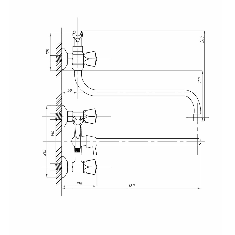 Смеситель для ванны и раковины 1/2 кер ПРОФСАН ПСМ-157-К50 "СТАНДАРТ А"  эксцентрики "РУС", ХРОМ