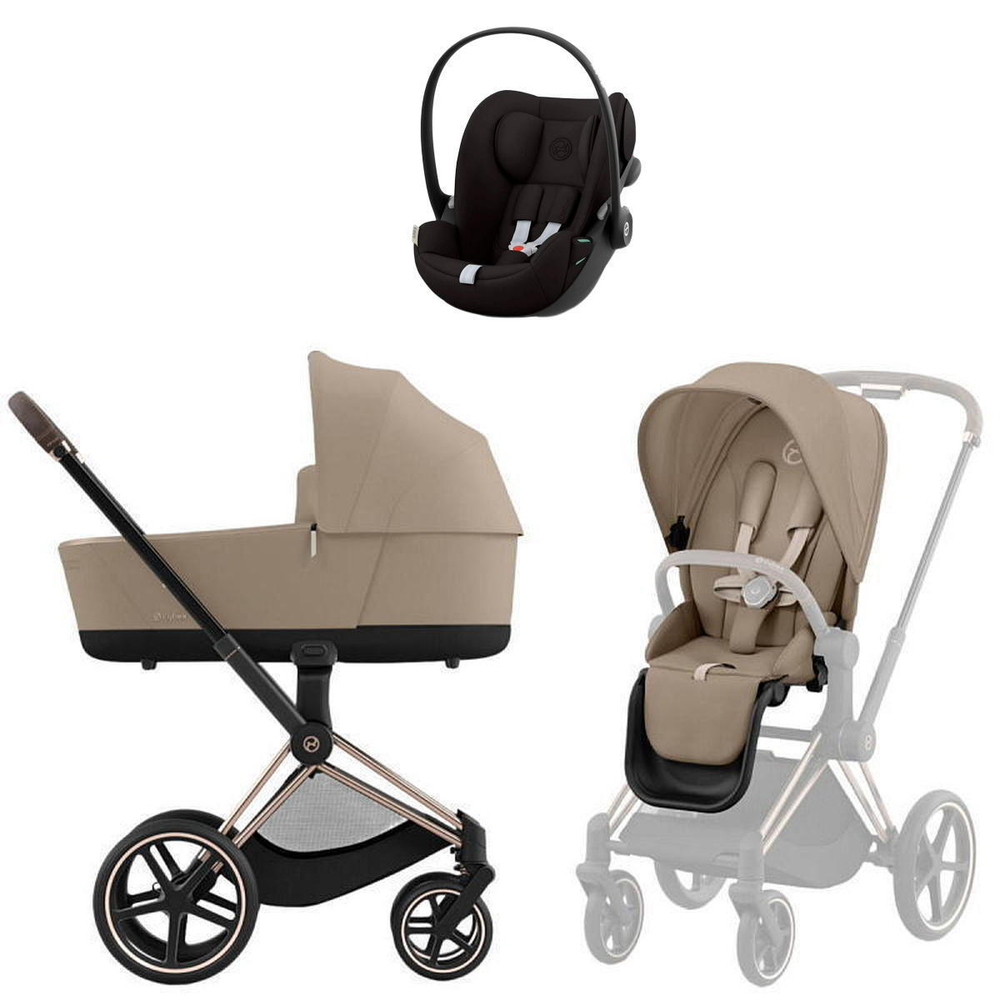 Коляска Cybex Priam IV Rosegold complete и автокресло Cloud G i-Size Magic Black 3 в 1 Cozy Beige
