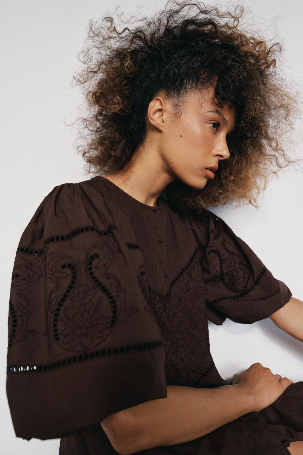 ZARA МИНИ-ПЛАТЬЕ ИЗ ПОПЛИНА С ВЫШИВКОЙ, КОРИЧНЕВЫЙ