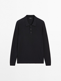 Massimo Dutti Трикотажный свитер с воротником-поло, темно-синий