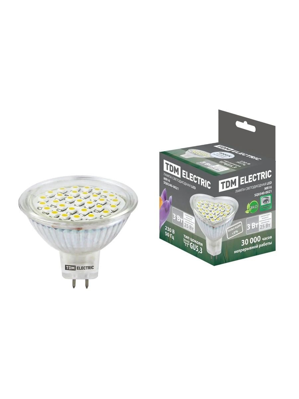 Лампа светодиодная MR16-3 Вт-220 В -4000 КGU 5,3 SMD TDM