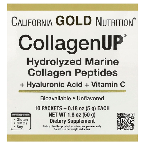 California Gold Nutrition, CollagenUP®, гидролизованные пептиды морского коллагена с гиалуроновой кислотой и витамином C, с нейтральным вкусом, 10 пакетиков по 5 г (0,18 унции)