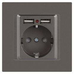 Розетка Intro Accent 6-410-09 с заземлением 2P+E Schuko со шторками 16А-250В + 2хUSB IP20 СУ титан