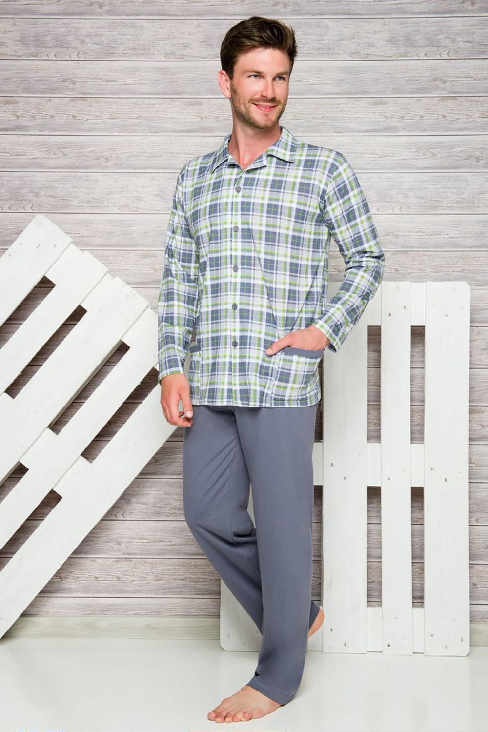 Мужская пижама Gracjan с клетчатым верхом (Размер: M) (Цвет: темно-синий)