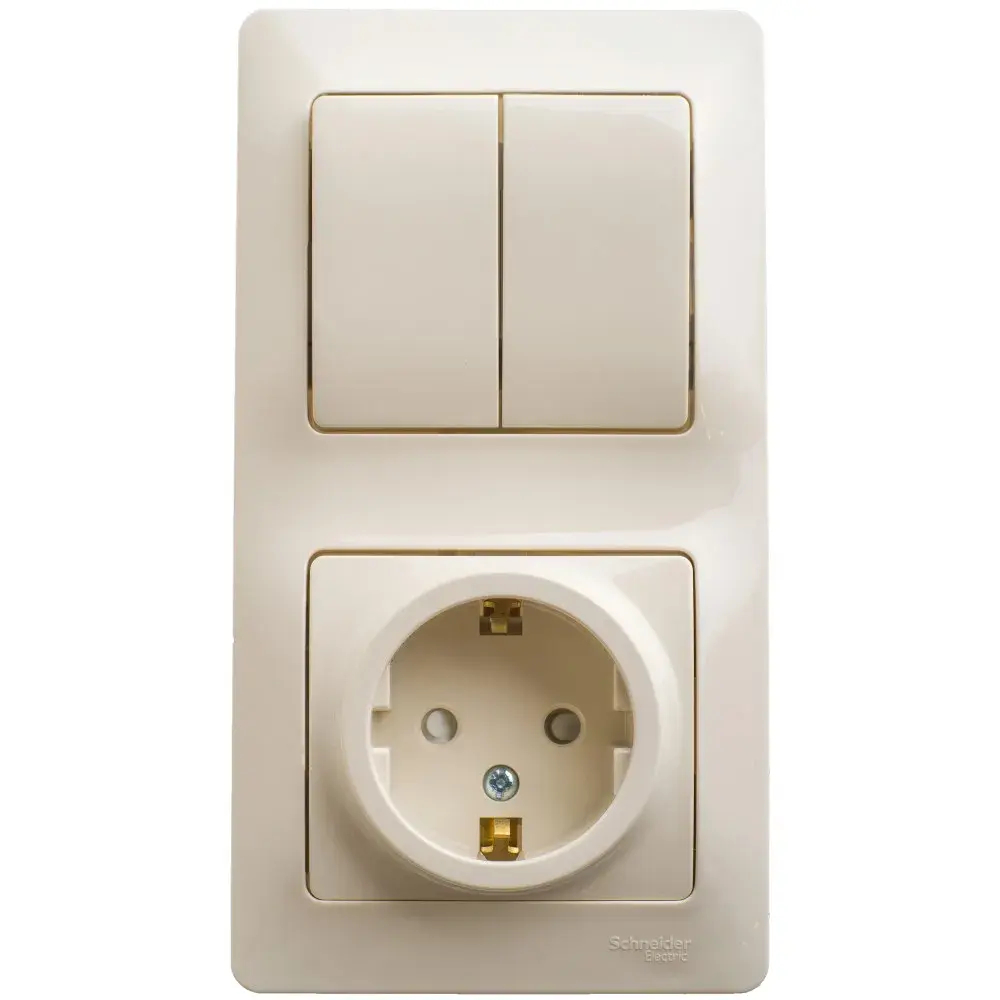 GLOSSA БЛОК: РОЗЕТКА с заземлением со шторками + 2-клавишный ВЫКЛЮЧАТЕЛЬ, БЕЖЕВЫЙ