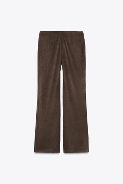 ZARA БРЮКИ FLARE ИЗ ТКАНИ ПОД ЗАМШУ С ЗАКЛЕПКАМИ, ШОКОЛАДНЫЙ