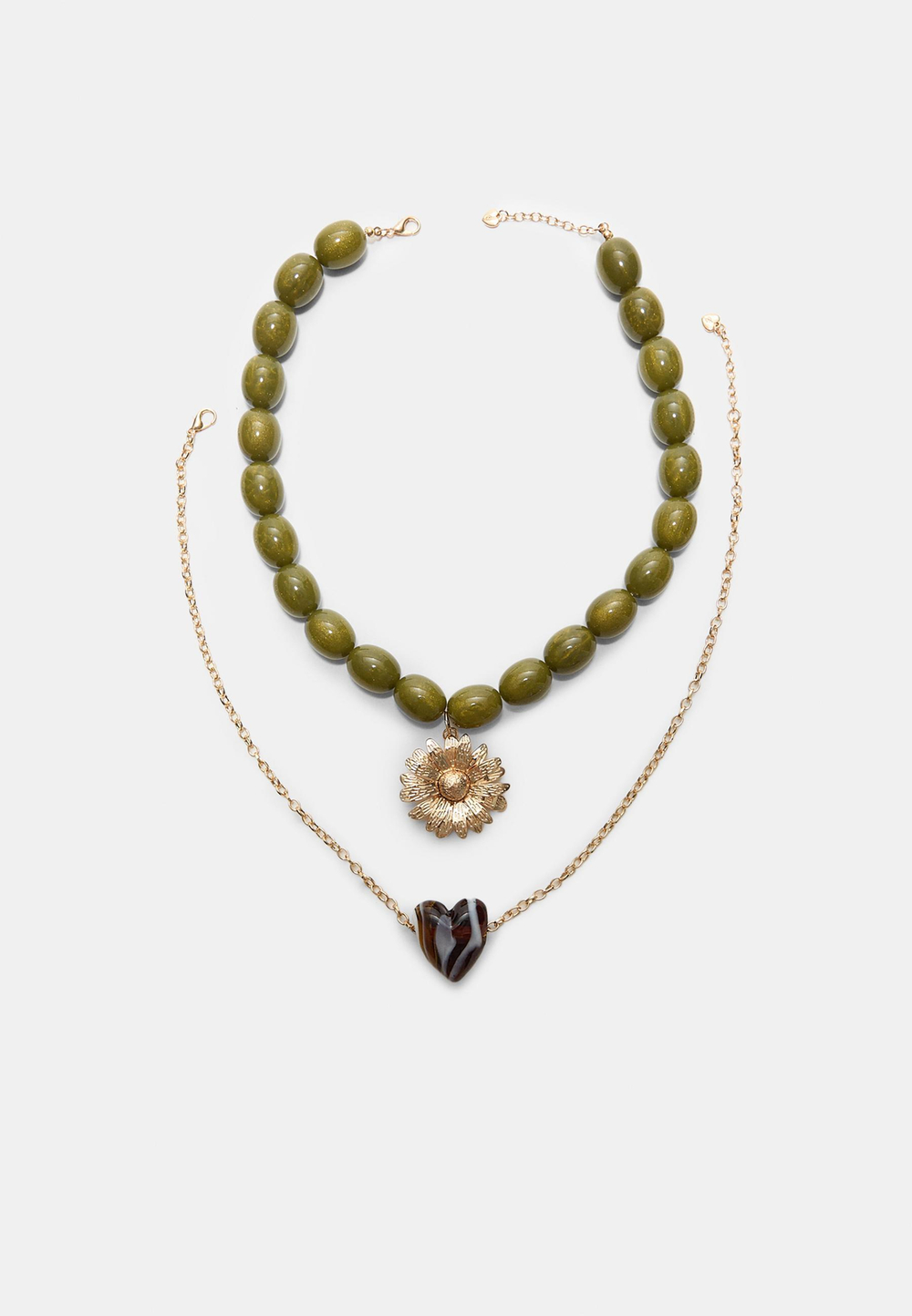 STRADIVARIUS Набор из 2 ожерелий с бусинами, солнцем и сердцем, зеленый
